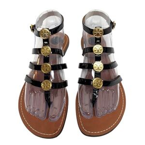 Tory Burch Alexis Women’s Patent Black & Gold Sandals Size-7 EUC
